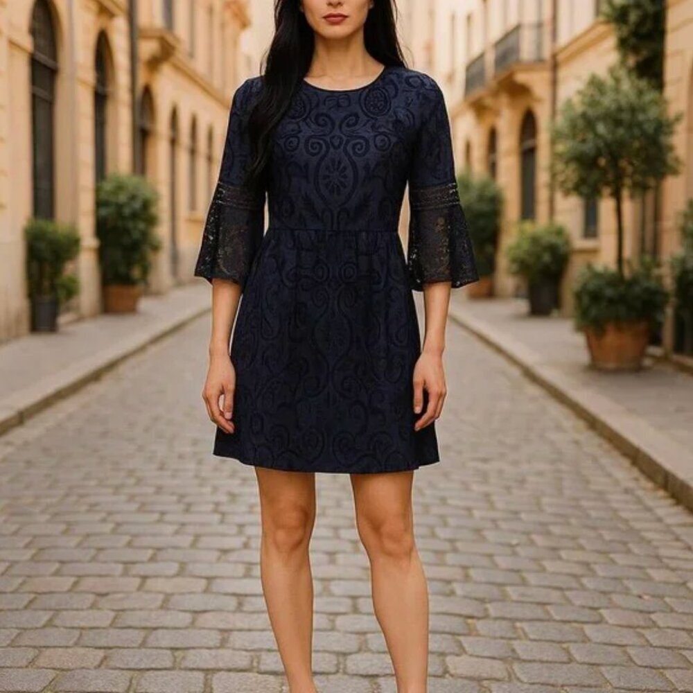 Eliza J Sz 2 Black Velvet Lace Blue Lining Boat Neck Bell Sleeve Fit Flare Dress